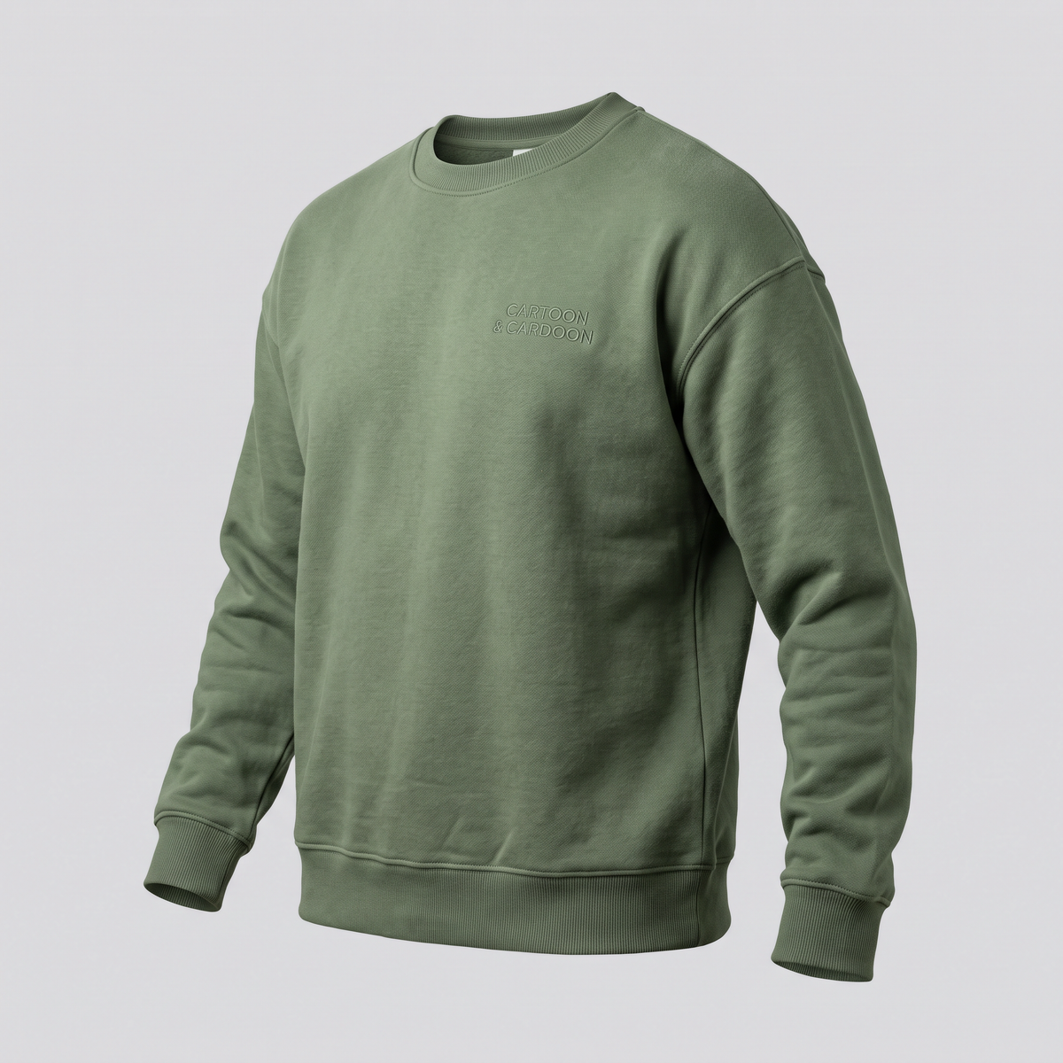 Crewneck Sweatshirt, Moss, three-quarter view — CARTOON & CARDOON