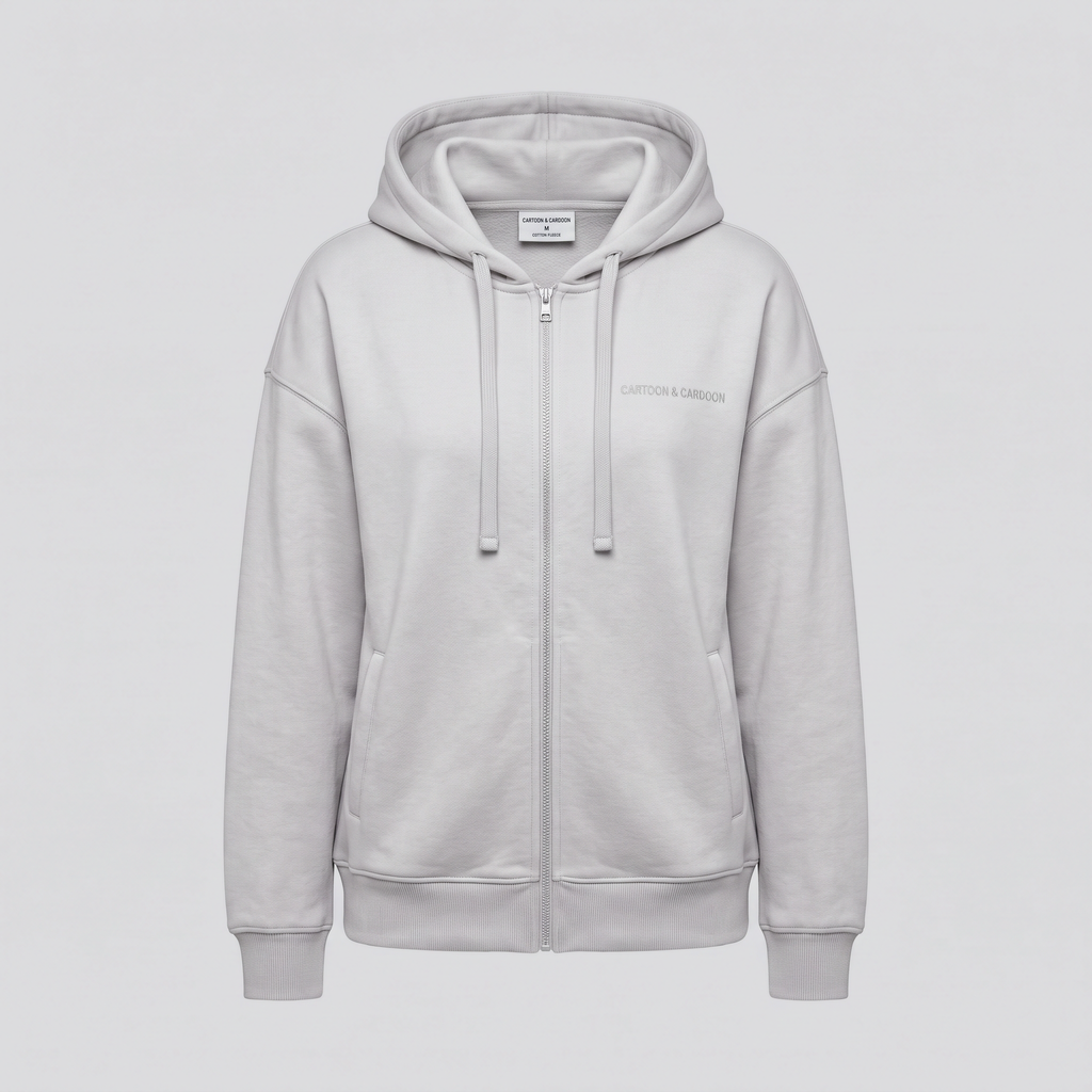 Oversized Zip Hoodie, Silver Cloud, front view — CARTOON & CARDOON
