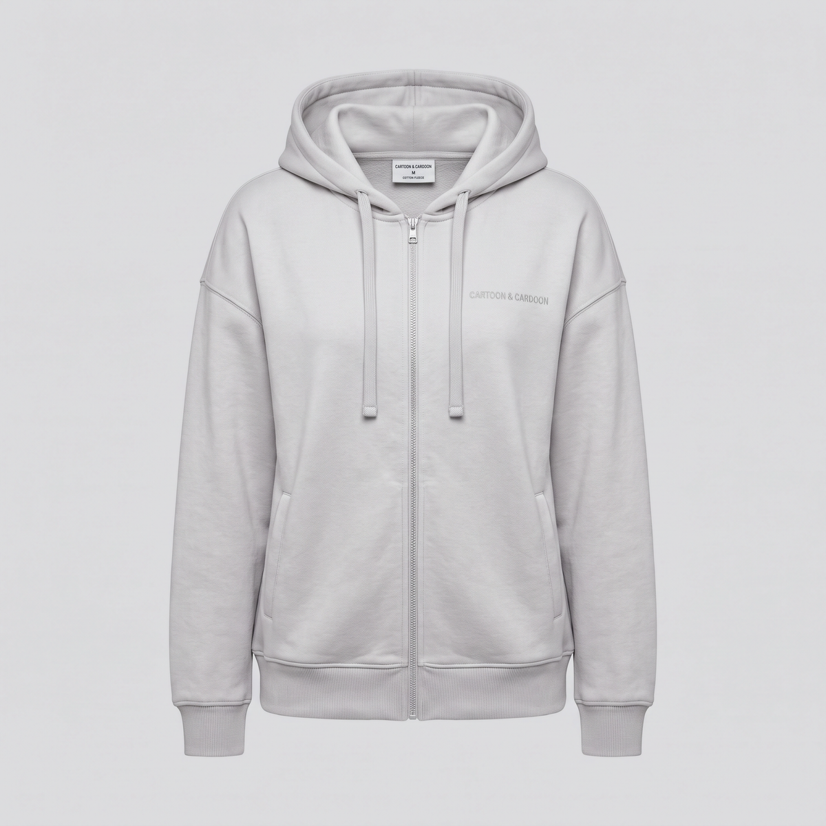 Oversized Zip Hoodie, Silver Cloud, front view — CARTOON & CARDOON