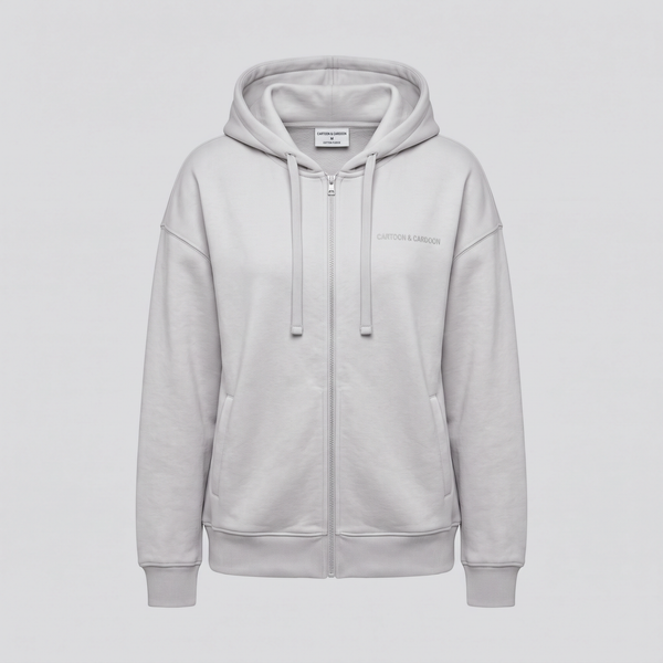 Oversized Zip Hoodie, Silver Cloud, front view — CARTOON & CARDOON