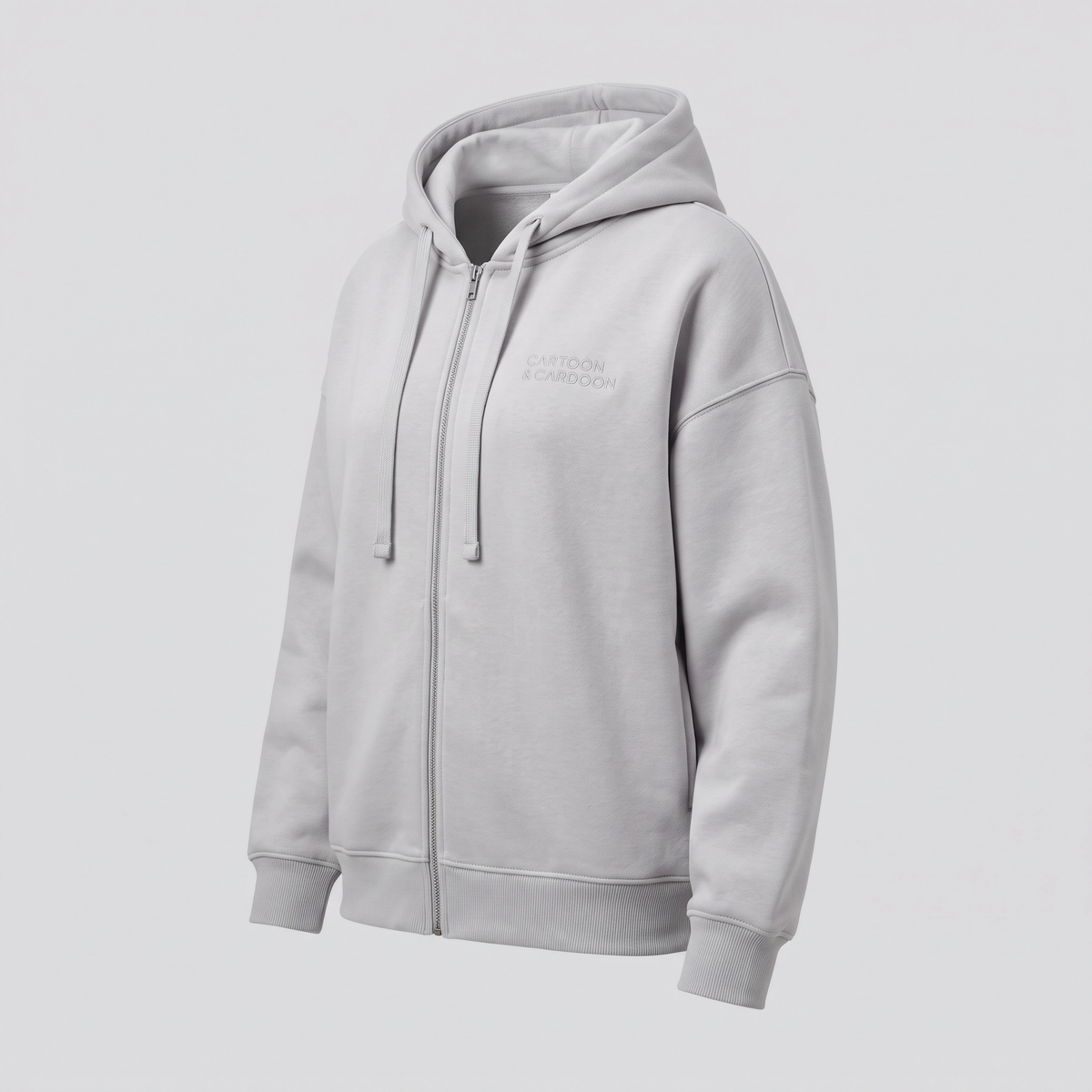Oversized Zip Hoodie, Silver Cloud, three-quarter view — CARTOON & CARDOON
