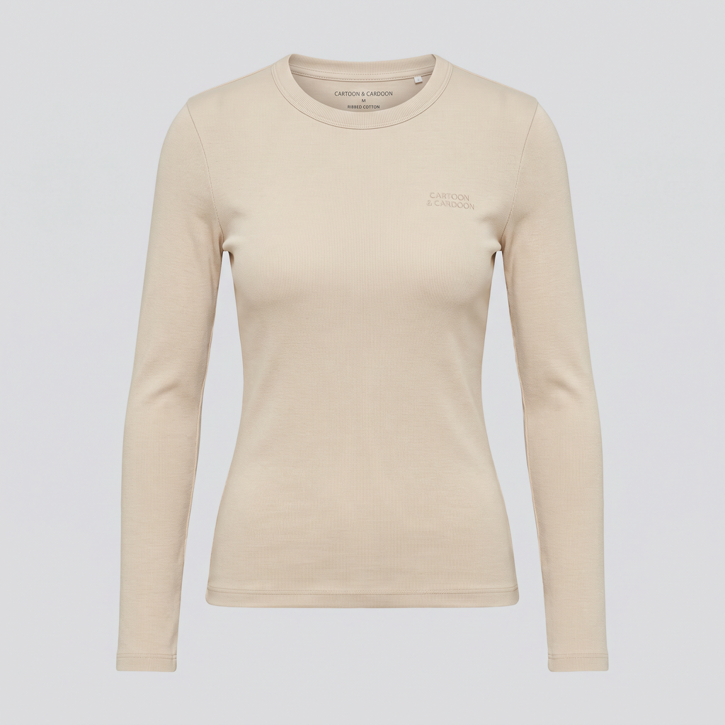 Ribbed Long-Sleeve Top, Oat, front view — CARTOON & CARDOON