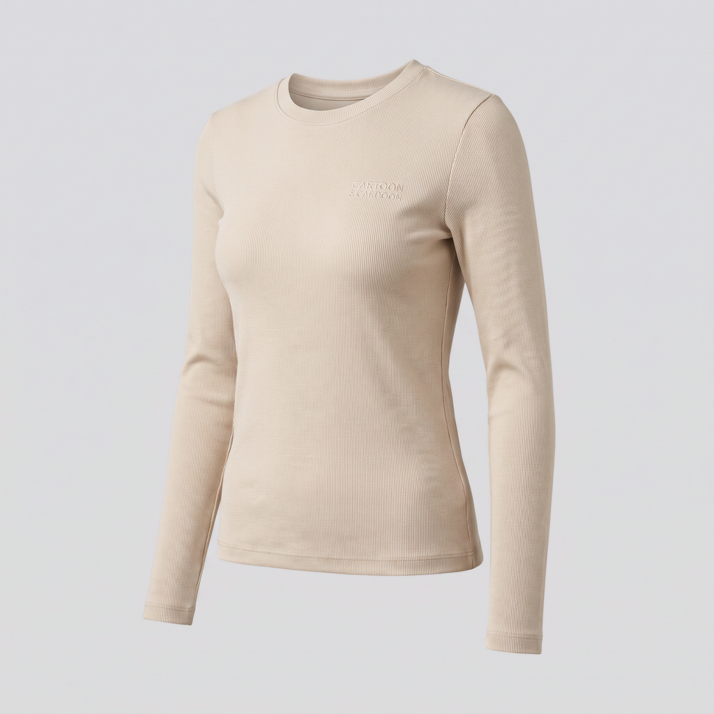 Ribbed Long-Sleeve Top, Oat, three-quarter view — CARTOON & CARDOON